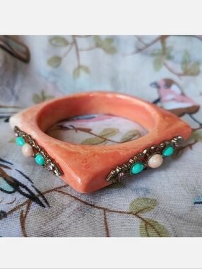 Square Marbled Coral Color Lucite Faux Turquoise Adorned Bracelet Vintage Bangle